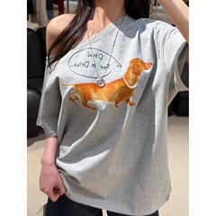 高品質【広州生地240g 綿95%+スパンデックス5%】セクシーホットガール斜め肩ワンラインカラー半袖Tシャツ