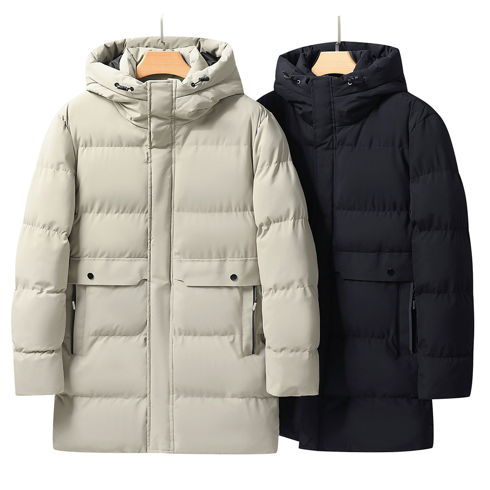 Otoño y invierno hombres encapuchados pico esquí al aire libre caliente algodón medio largo traje de esquí de grafeno grande algodón