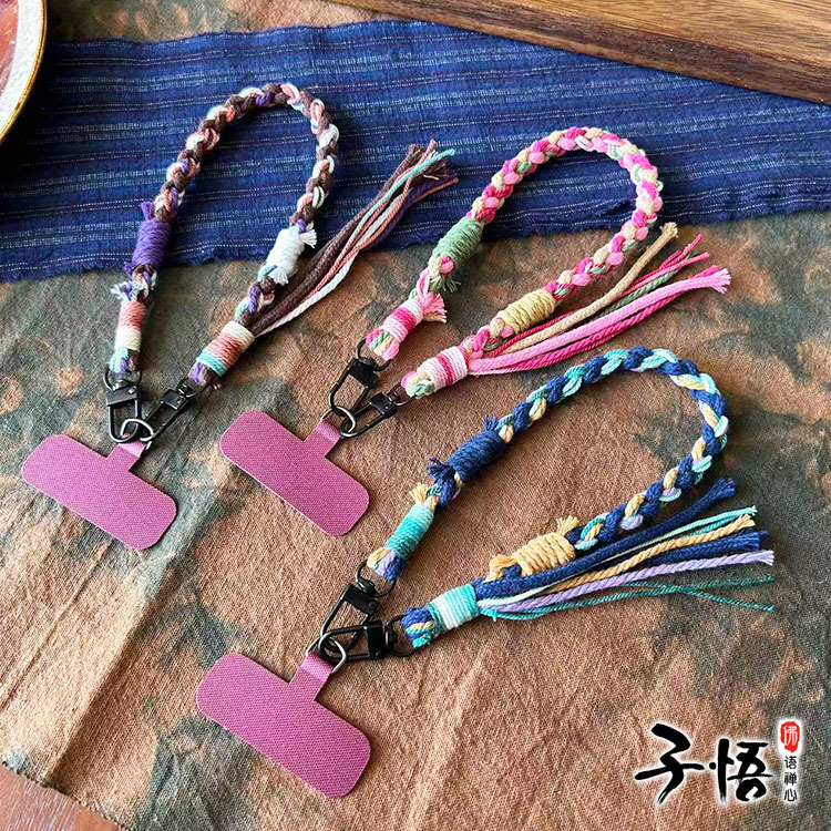 手机挂绳 手工编织钥匙挂 新款带垫片短款手搓棉线马卡龙挂绳批发