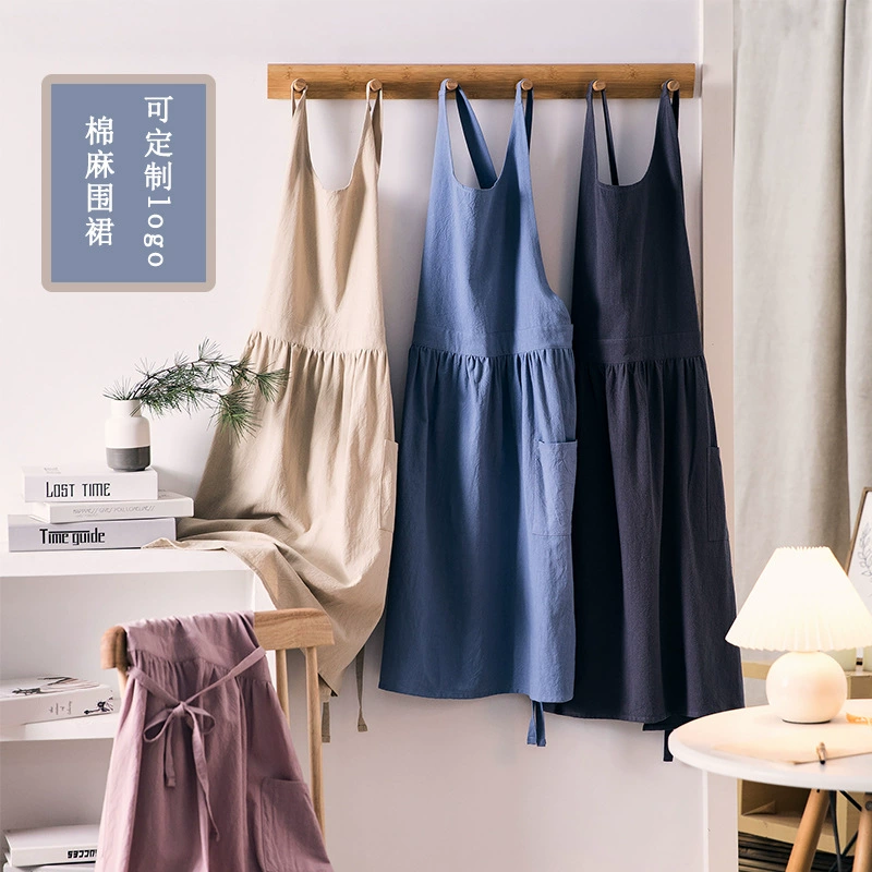 Внешняя торговля бытовой хлопок и лен фартук с круглым вырезом логотип для печати в японском Корейском стиле Садоводство Цветочный магазин Кофейня кухня рабочая одежда