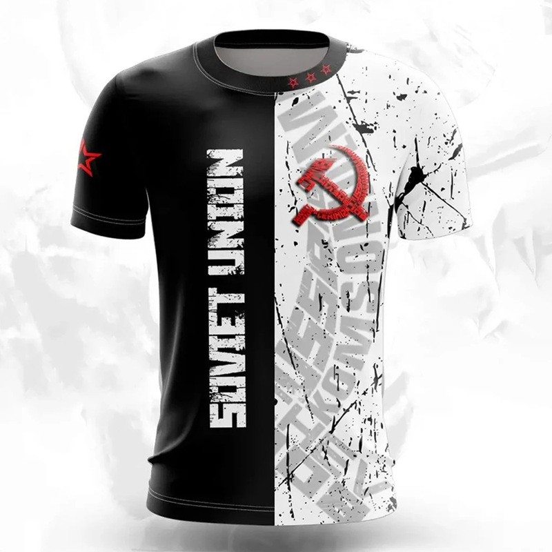 クロスボーダー夏メンズ Tシャツカジュアルルーズロシア国旗プリント通気性半袖紳士服ストリート|undefined