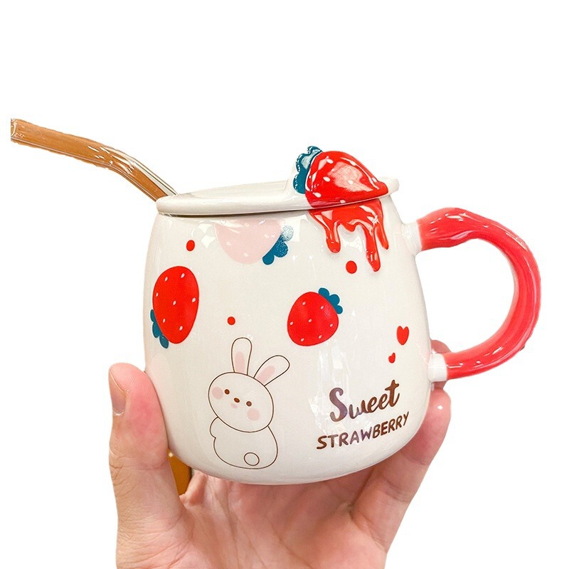 アニメいちごウサギストロー陶磁器カップ女子カップ高颜値少女心ミルクティーカジュアルカップ創意マグカップ|undefined
