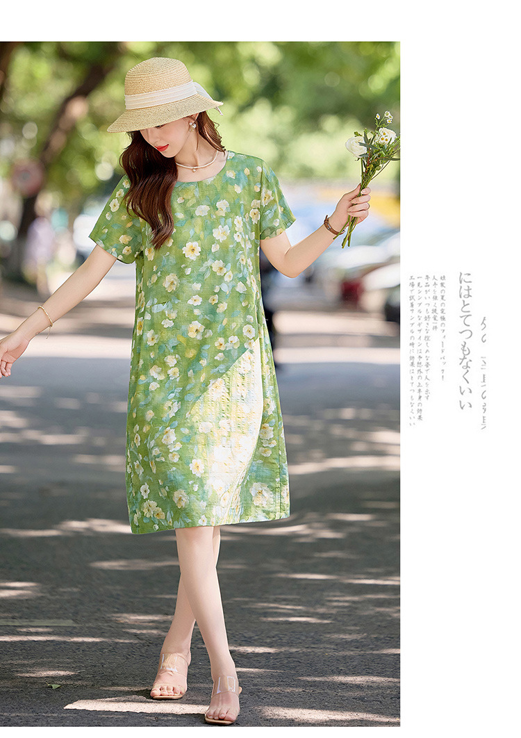 Đầm maxi nữ hoa nhỏ xanh lá cây tươi mát, dáng suông rộng, tay ngắn, mỏng nhẹ mùa hè 2025 — Màu hồng xanh lục, Màu xanh lá chi tiết 15