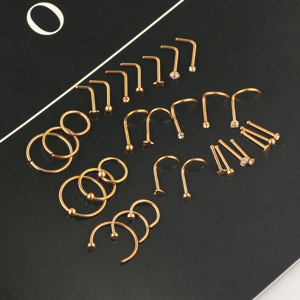 Rose Gold Nose Nail Ring Set 20G Stainless Steel CZ Piercing Jewelry - 30 Pcs detail image 12