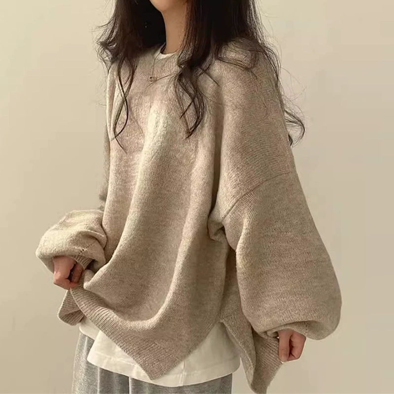 Пуловер женский oversize вязаный, демисезон с длинным рукавом, корейский и французский стиль воротника-круглый