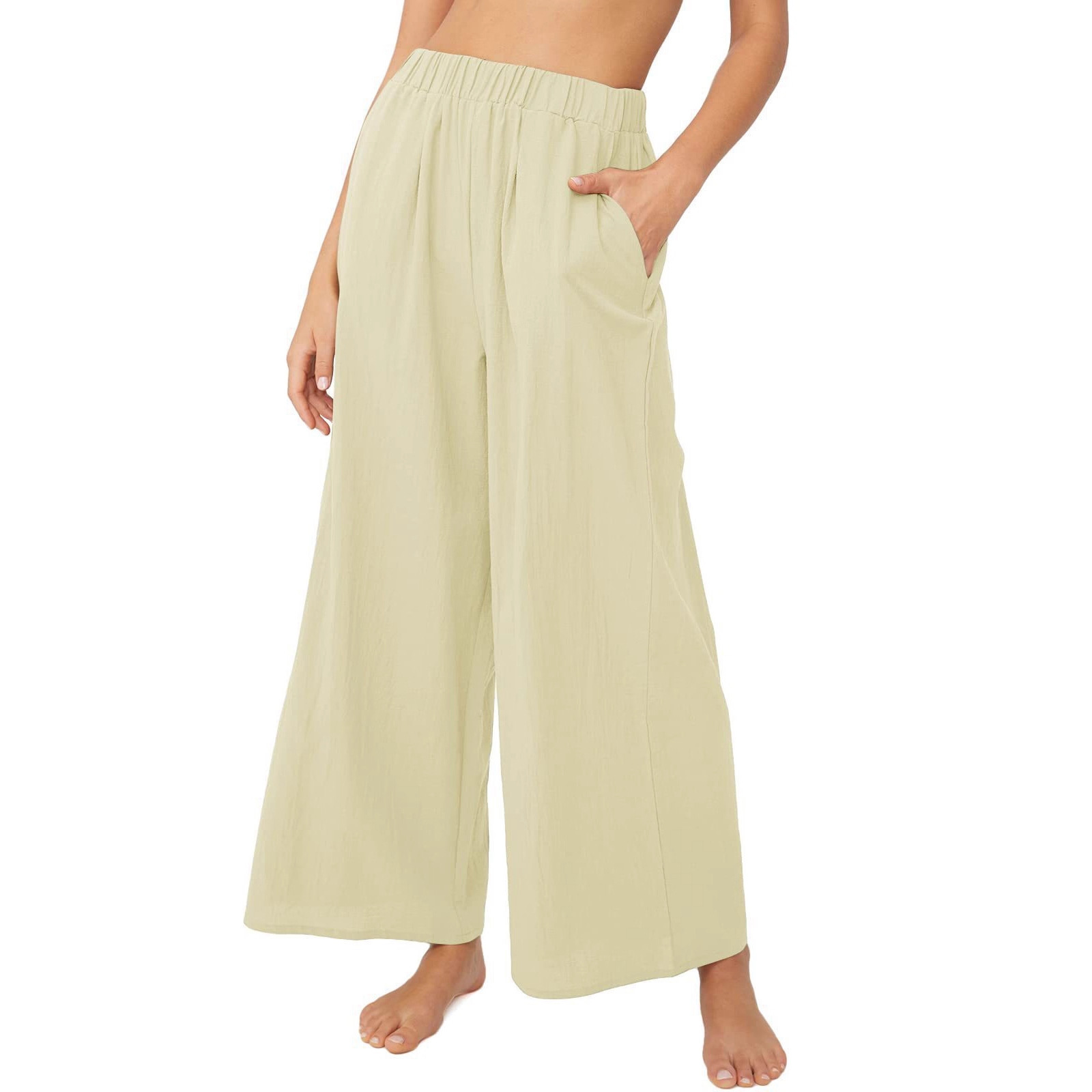 Effortless High-Waisted Wide-Leg Linen-Blend Trousers For Women, Comfortable Loose Fit Casual Palazzo Pants_ecoleips.com