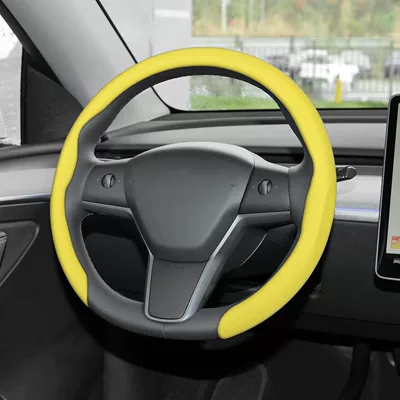 Steering wheel cover – bestseller 5D carbon fiber Nappa - 5d-nappa-leather-belt-hole-bright-yellow-38cm