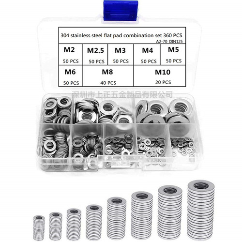 Boxed 360pcs M2M3M4M5M6M8M10 Cross-border Supply 304 Stainless Steel Flat Washer Washer Set