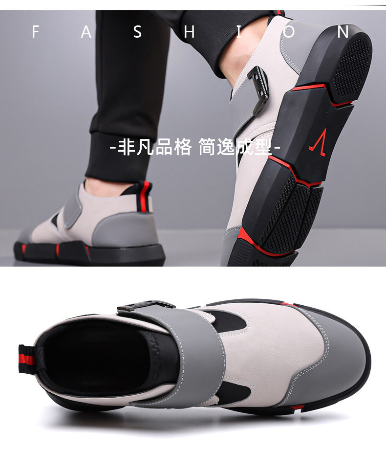 Giày lười nam da PU mũi tròn khóa Velcro chống trượt, đế cao 3 cm — Kaki, Màu đen chi tiết 8