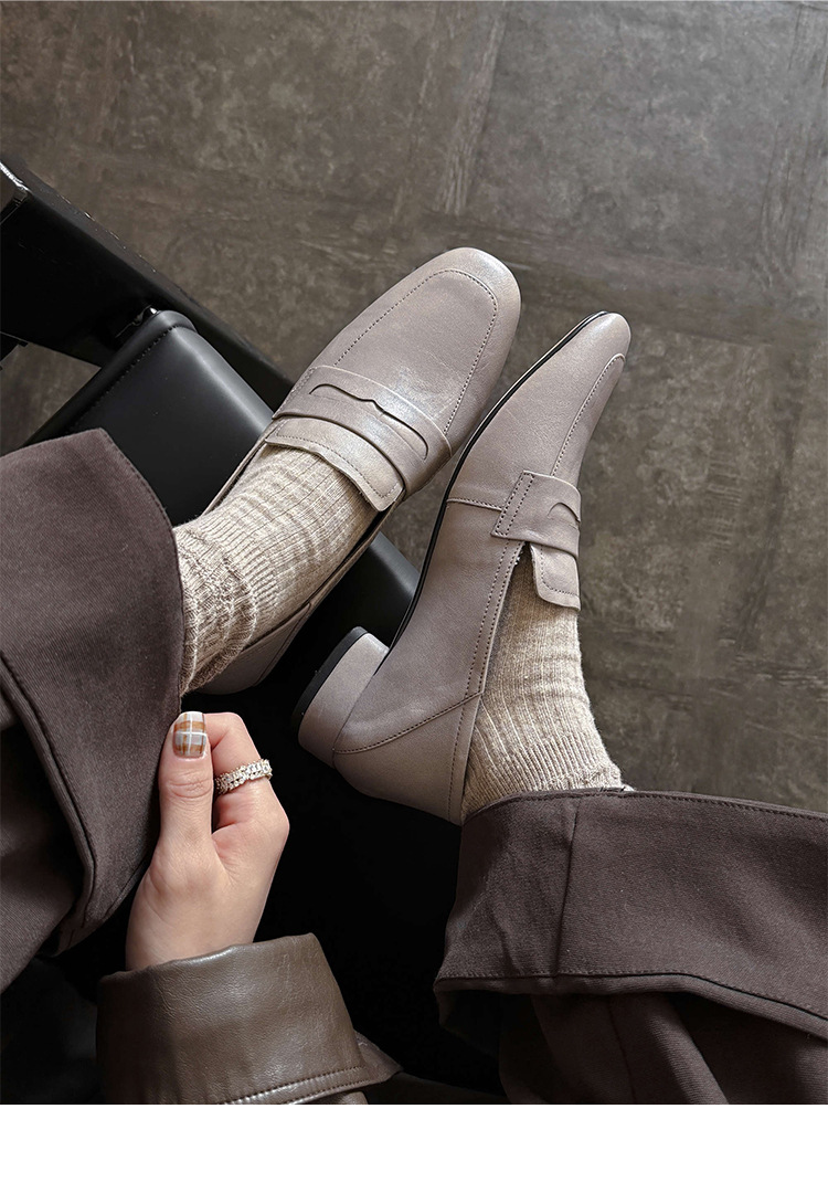 Giày loafer nữ mũi tròn da bò, gót vuông 2.5 cm phong cách Pháp — màu nâu chi tiết 27