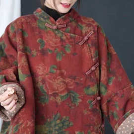 2025秋冬季源创棉麻女装新中式民族风斜纹棉印花宽松大码棉衣棉袄