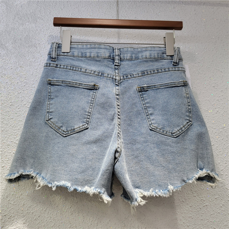 Pantalones Cortos Jeans Anchos para Mujer de Cintura Alta con Apliques para Verano