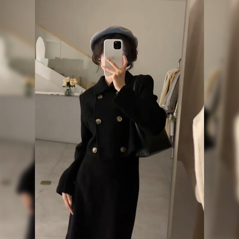 Hepburn-stijl zwarte fishtail-jurk voor dames 2023 herfst/winter nieuw temperament dameskleding high-end gevoel afslanken tweedelige set_voghion.com