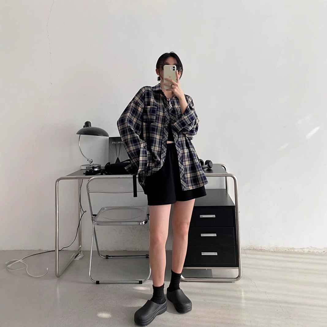 Camisa a cuadros retro americana para hombres y mujeres abrigo primavera y otoño cardigan diseño suelto camisa exterior de manga larga superior