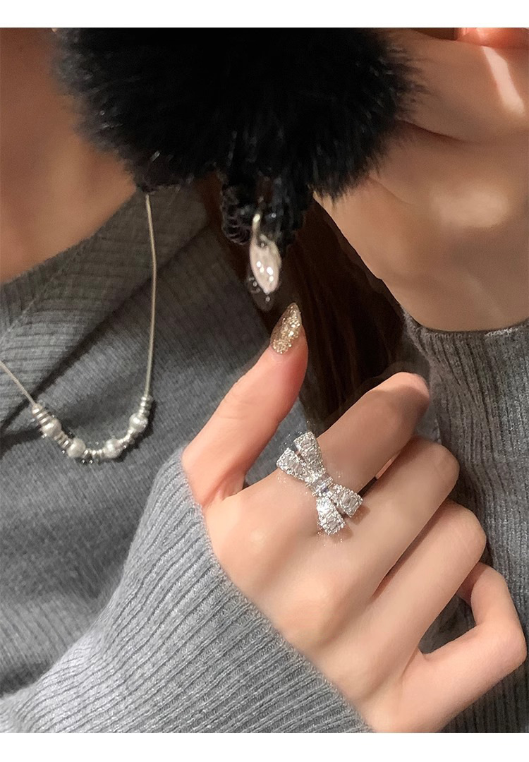 Sterling Silver Bowknot Zircon Ring For Women Adjustable Designer_voghion.com