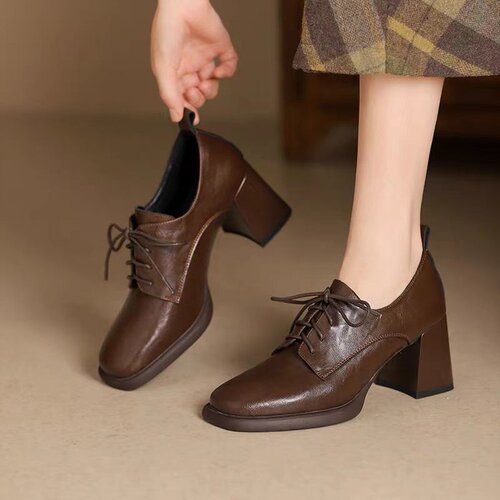 Vintage Style Square Head Lace-Up Leather Shoes Deep Mouth Ankle Boots Women Autumn New Chic British Style High Heels Women's Shoes