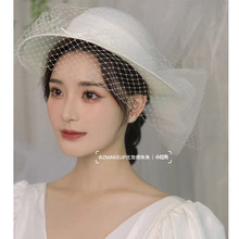2023新款法式超仙森系白色新娘禮帽頭飾復古網紗帽子婚紗旅拍帽飾