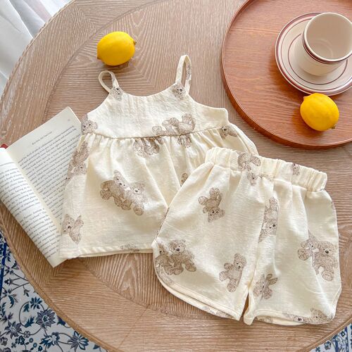 Baby summer dress printed bear strawberry sleeveless halter top shorts two-piece set cute baby summer suit