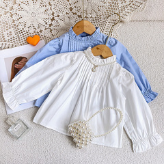 女童韓版春秋款2023新款法式襯衫純棉圓領童裝上衣純色長袖襯衣潮