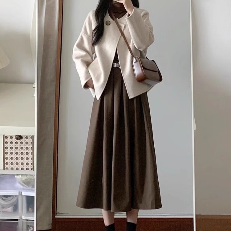 2024深秋冬装搭配盐系感小香风毛呢外套女减龄穿搭两件套装