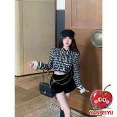 套装女2025秋冬新款小香风富家千金格子长袖短款外套高腰阔腿短裤