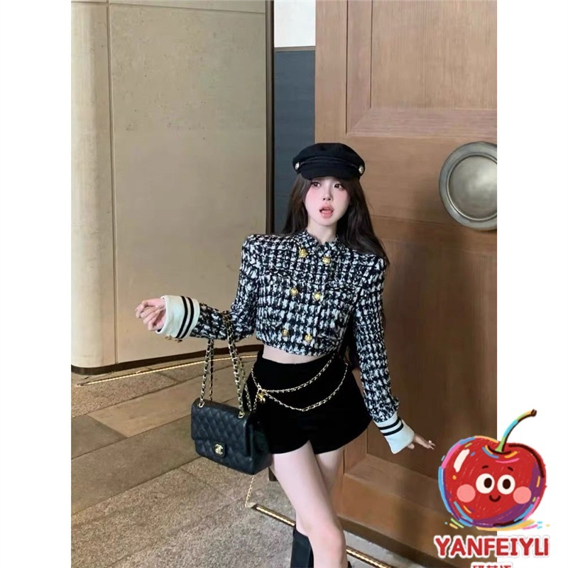 套装女2025秋冬新款小香风富家千金格子长袖短款外套高腰阔腿短裤|undefined