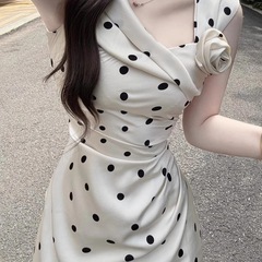 クロスボーダーフレンチスタイル水玉ドレス女性用2025新しい夏服気質ピンチウエスト痩身ロングスカート