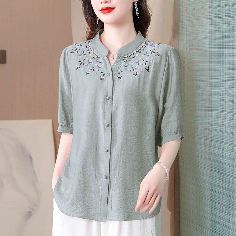 2023 Summer New Artistic Retro Ethnic Style Cotton and Linen Embroidered Shirt Women's Loose Shirt Elegant Women's Clothing
