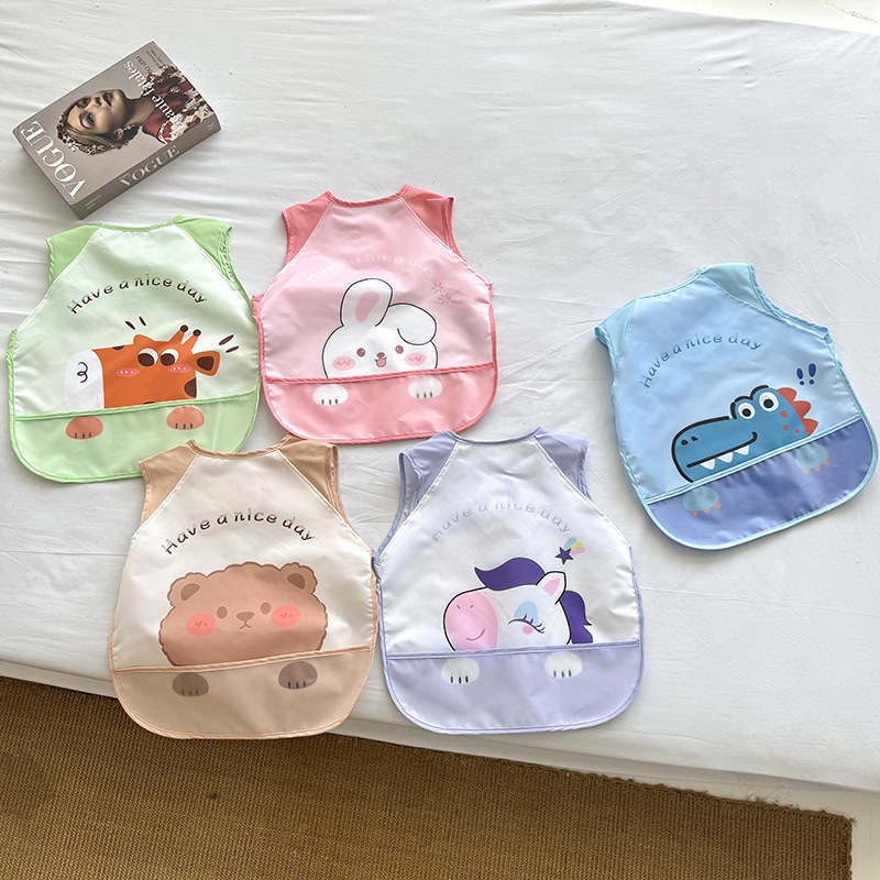 子供用防水スモック、ベビーサマーノースリーブライスバッグ、ベビー食事防汚服、ツーピースよだれかけ、逆着用|undefined