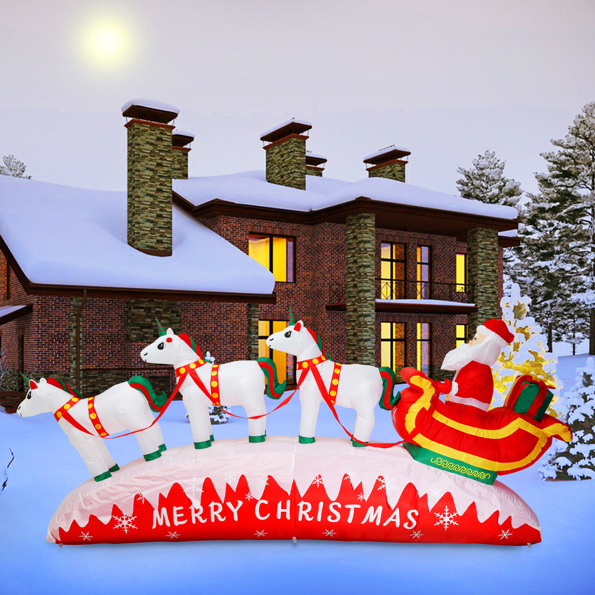 Modelo inflable de decoración navideña caliente transfronterizo 3 metros 3 unicornios carro LED de tracción juguete luminoso inflable