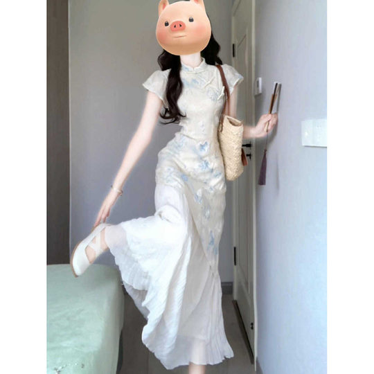 New Chinese Style National Style Printed Fake Two-Piece Dress Cheongsam Improved Young Girl Skirt Beautiful and Unique Long Skirt