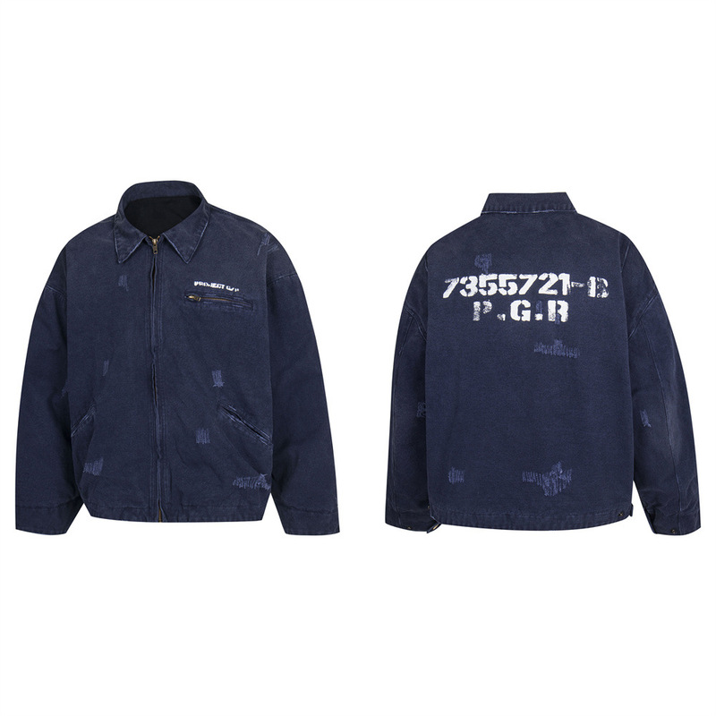 Grailz Project G/R Detroit Distressed Washed Gradient Distressed Lapel Zipper Casual Jacket Trendy