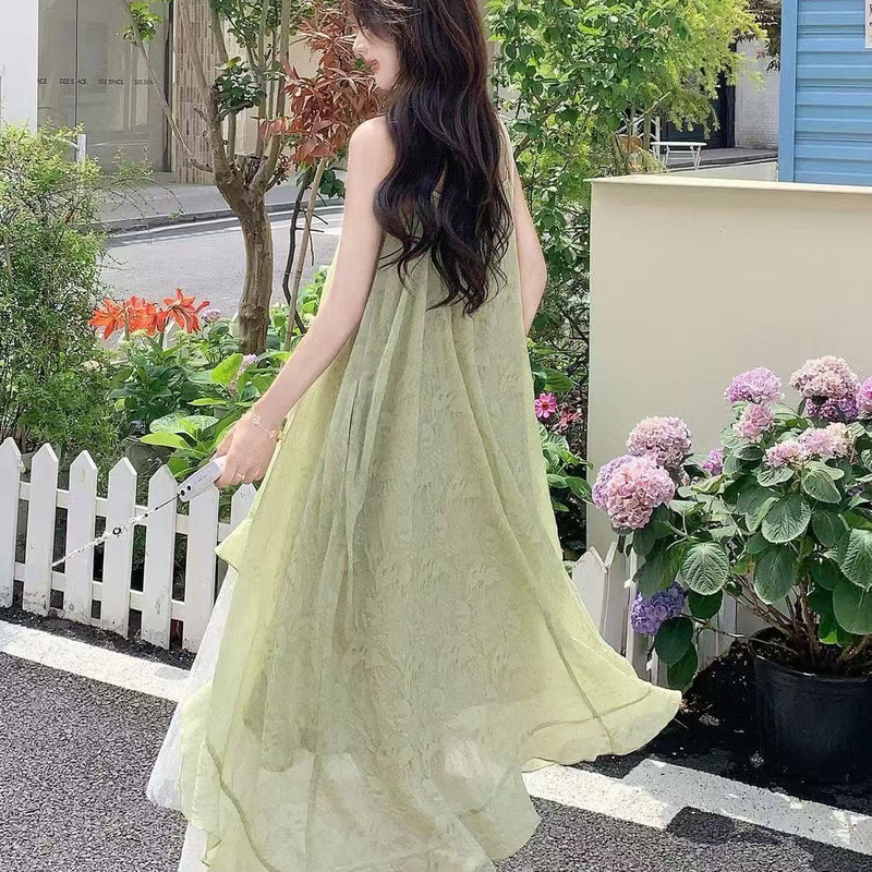 法式2025印花夏季拼接新款海边吊带度假气质不规则连衣裙裙子|undefined