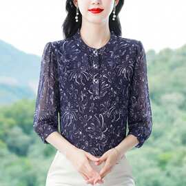 夏季新款时尚妈妈七分袖印花女衬衫气质减龄优雅显瘦小衫