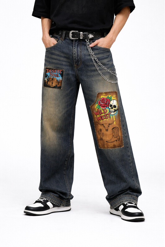 American retro distressed jeans with western-style skull and rose print, loose straight-leg trendy brand pants in stock