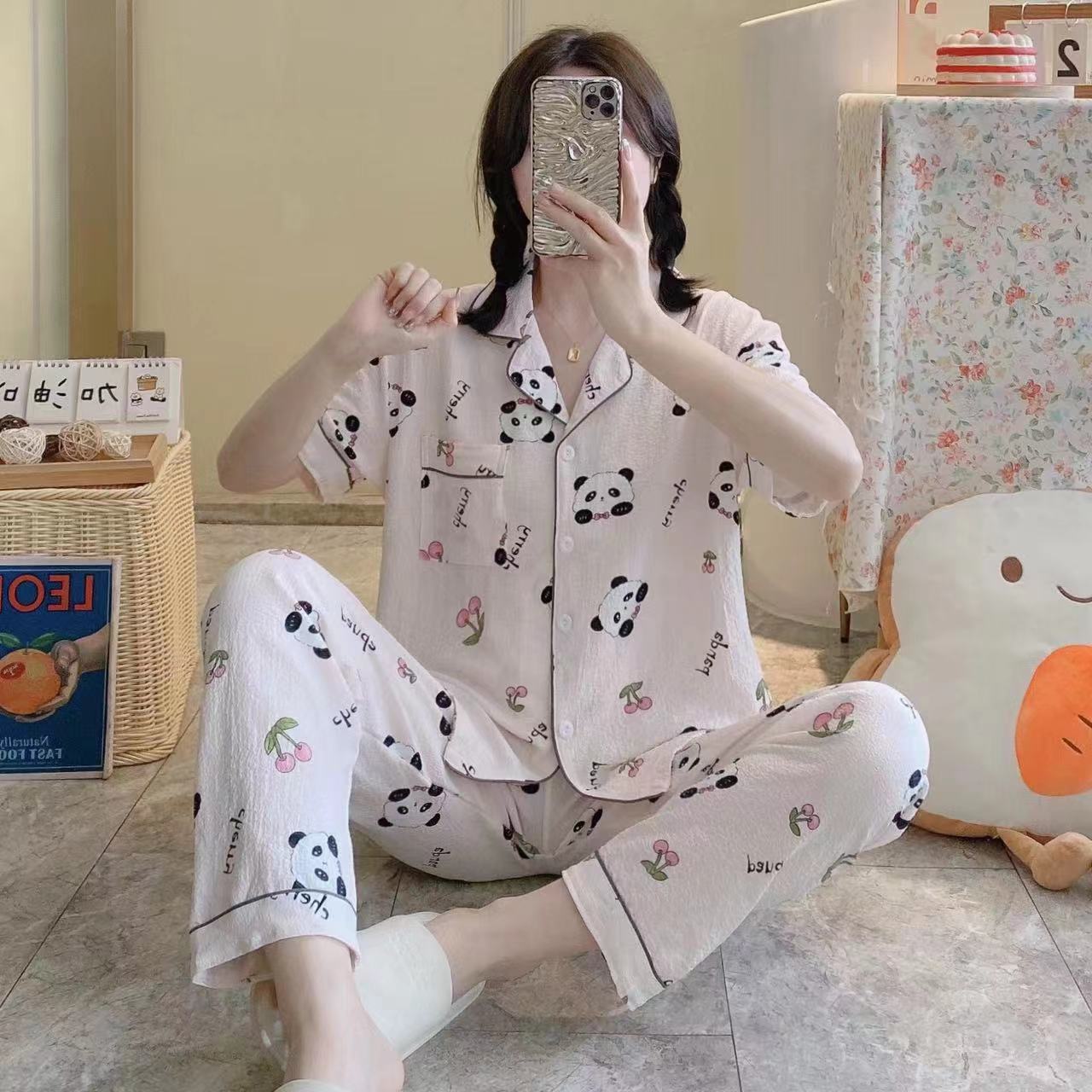 Pajamas de espuma tejidos de verano de algodón pantalones largos de mangas cortas ropa para el hogar de verano delgada de algodón conjunto de dos piezas