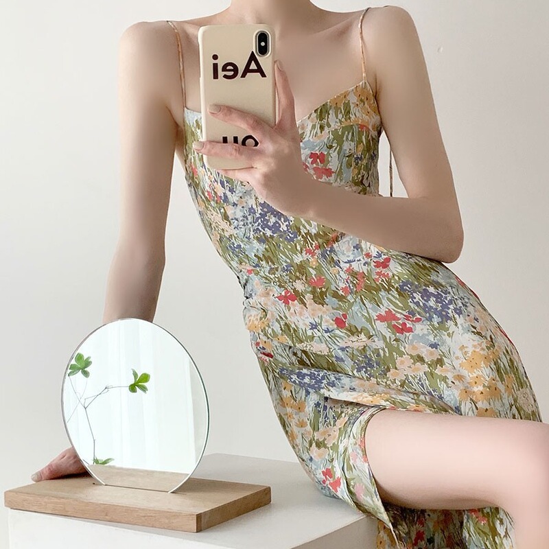 2026 New Spring and Summer Trendy Ins-Style Goddess French Floral Spaghetti Strap Dress Women's Summer Long Dress Oil Painting Style