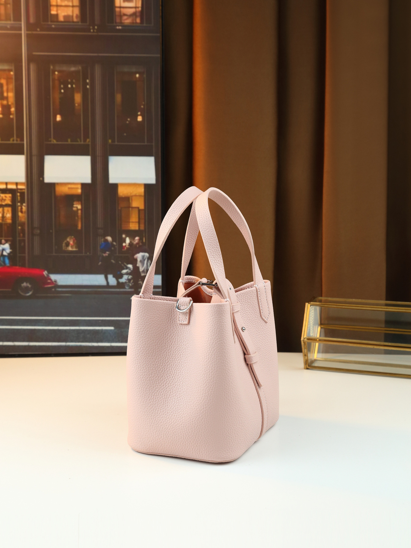 Lychee Pattern Women's Handbag Solid Color Bucket Bag Versatile Shoulder/Crossbody Bag For Commuting PU Leather Zipper Closure Medium Size_voghion.com