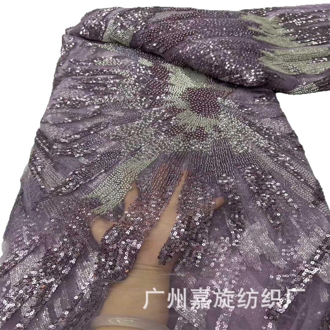 Tela de encaje de moda europea y americana, de dos tonos, con lentejuelas y cuentas bordadas, para vestido de novia, tela de encaje de moda para vestido de fiesta africana, con cuentas.