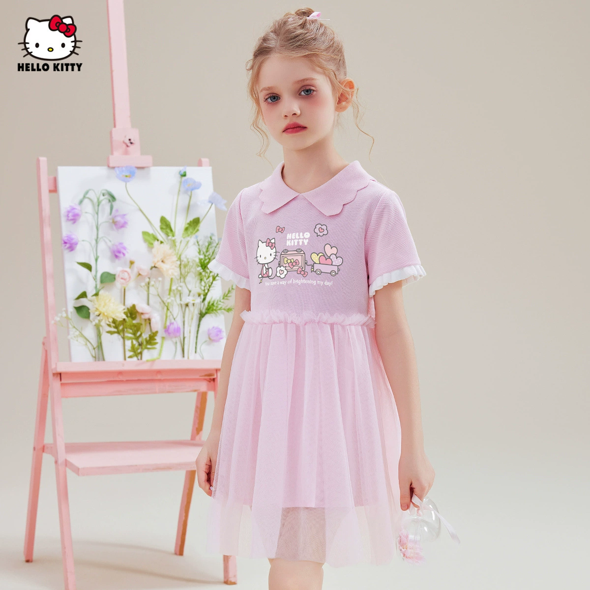 HelloKitty Hello Kitty девушка летнее платье 2025 новый сладкий маленький отворот мультяшный сетчатый юбка