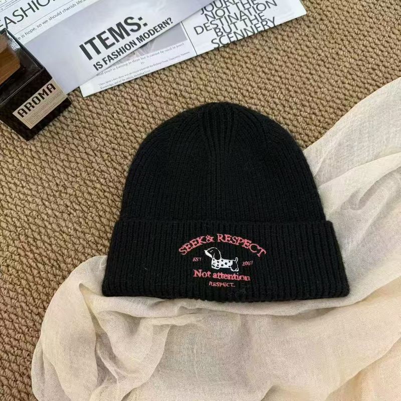 新款韩版简约刺绣小狗针织帽男女加厚保暖秋冬显脸小包头帽潮网红|undefined