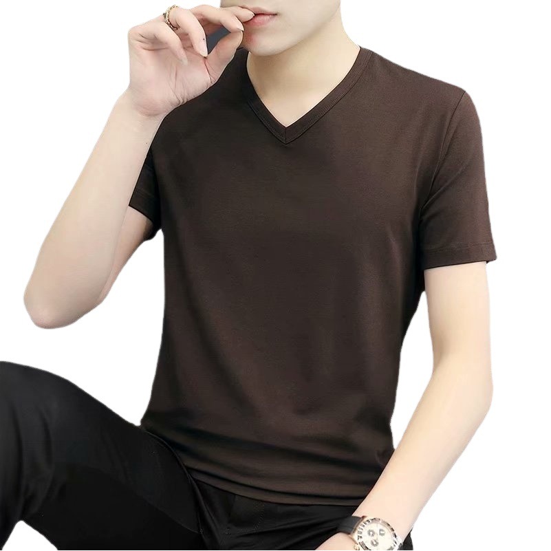 Camiseta de manga corta para hombre con cuello en V verano estilo coreano SLIM-Fit camisa blanca de fondo camiseta de media manga de cuello de pollo versátil para hombre