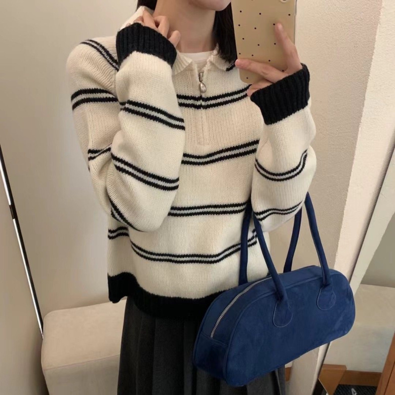 条纹Polo领半拉链软糯毛衣女秋冬新款慵懒风高级感宽松显瘦厚实上|undefined