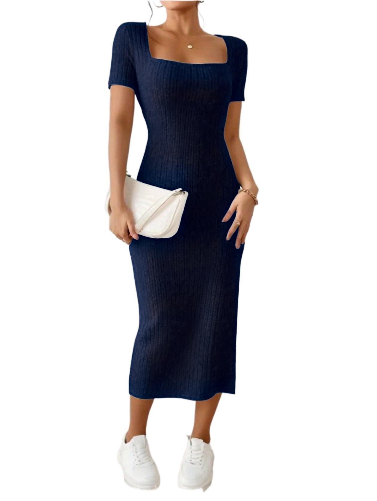 Women's Square Neck Slim Fit Bodycon Dress Sexy Slit European American Style Soft Summer Fashion Dress_ecoleips.com