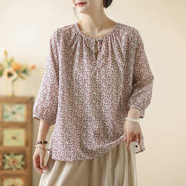样样韩国正品东大门代购 慵懒风花色宽松圆领舒适七分袖衬衫