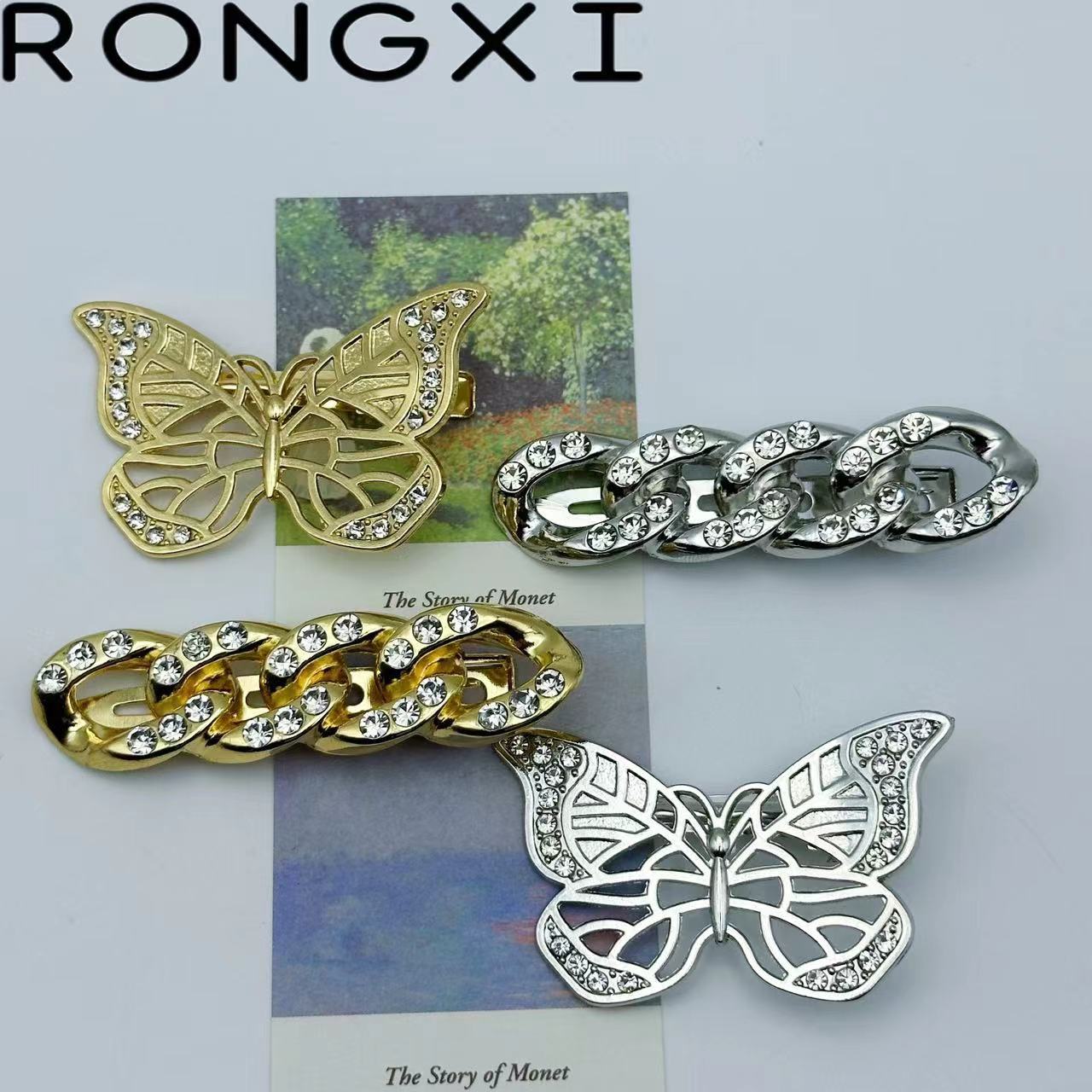 6cm水钻合金蝴蝶麻花链条无痕发夹潮流韩版侧边夹发夹高级鸭嘴夹