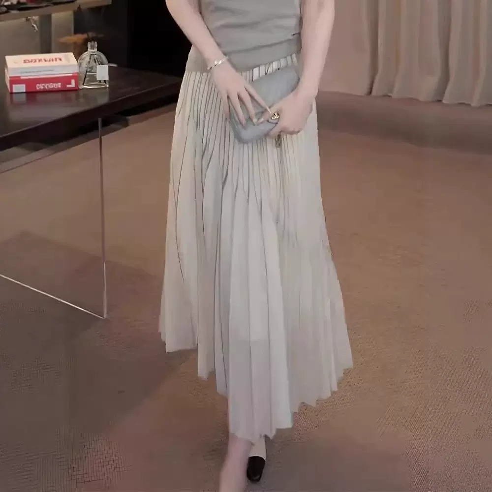褶皱设计感灰白色半身裙女2025夏季新款显瘦高腰百搭超仙垂感长裙