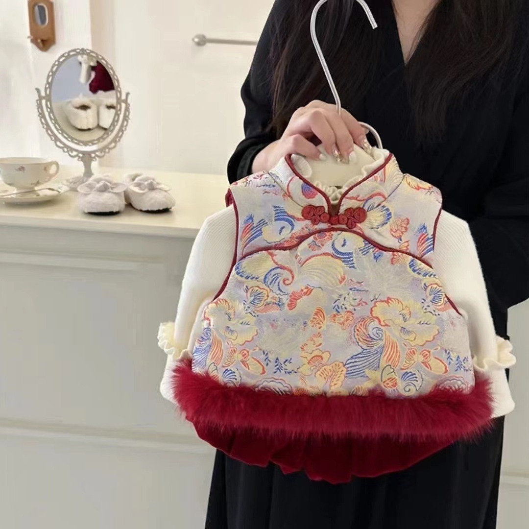Baby Girl Autumn/Winter Hanfu Cheongsam Vests with Cotton Fill Chinese Style First Birthday Dress Children Tang Suit New Year Suit Set