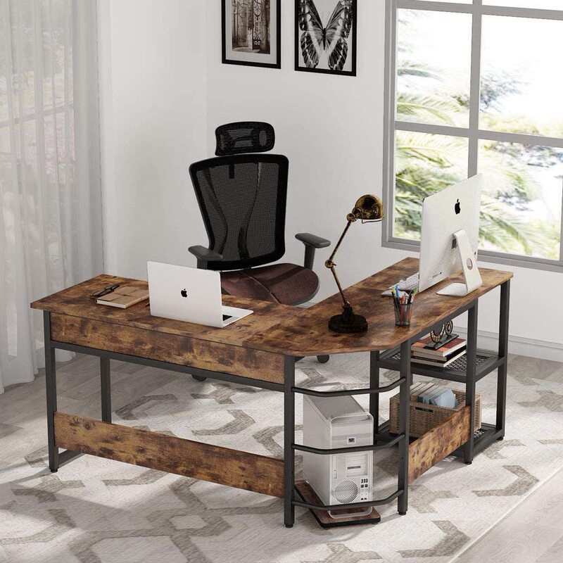 Modern Sit-To-Stand Corner Computer Desk with Storage Rack, Height-Adjustable Desktop Workstation, L-Shaped Office Desk
