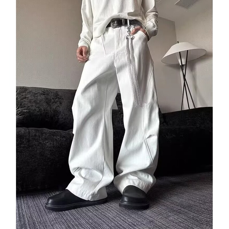 American 2024 New Sickle Jeans Men's Pleated Arc Wide Leg Pants Design Sense Pants Casual Pants
